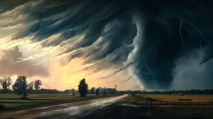 the tornado that struck near , monochromatic color style,