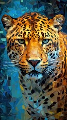 Leopard in Stained Glass Style on Dark Background. Generative AI