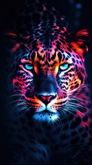 Neon Leopard on Dark Background. Generative AI