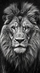 Majestic Black and White Lion on Dark Background. Generative AI