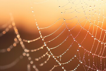 Close-up of dew drops on a spider web, backlit by dawn's light