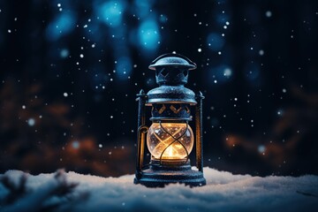 Close-up of glowing lantern illuminating a snowy night