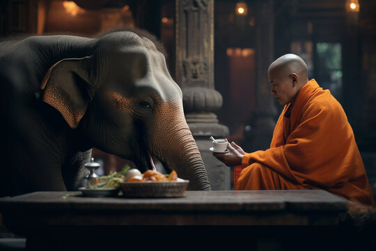 Buddhist Monk with an Elephant love and kindness of Buddhism