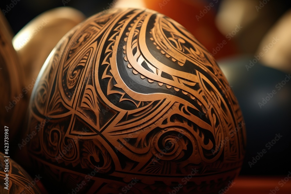 Wall mural Close-up of intricate Maori tattoo patterns on a gourd