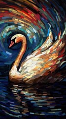 Swan in Stained Glass Style on Dark Background. Generative AI
