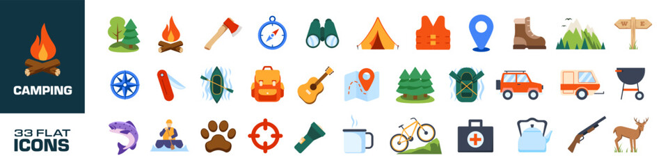 Camping icon set. Cartoon style.