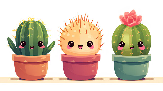set with cute cactus and succulent plants in the pot.