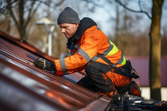 Worker installs gutter outdoor. Generate Ai