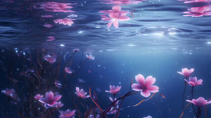 beautiful pink flowers under water 