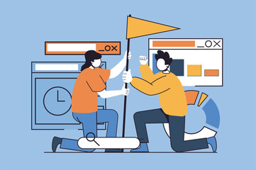 Teamwork concept with people scene in flat design for web. Man and woman set flag together, working in cooperation, achieving goals. Vector illustration for social media banner, marketing material.