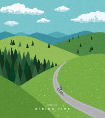 Cycling man in nature. Mountain landscape. Traveling. Scenic view background. Spring summer outdoor adventure. Web banner, Poster, Card, Book cover. Trendy flat design. Simple vector illustration. - 623732907