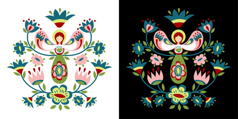 Floral composition with guardian angel in Ukrainian style. Flat pattern based on Ukrainian embroidery on a black and white background. Tree of Life.