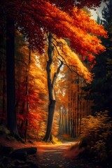 Peaceful autumn forest with colorful foliage