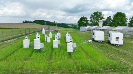 Science station scientific monitoring measurement respiration wheat common agriculture field Triticum aestivum soil scientist working technology work earth technological carbon dioxide oxide oxygen