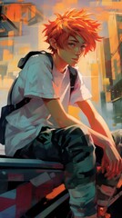 Anime Man with Short Fiery Red Hair Leaning Against a Graffiti-Filled Skate Park with a Skateboard AI Generated