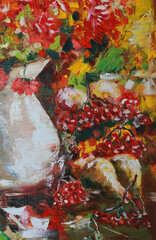 Oil painting of a bouquet of poppies with wildflowers in a jug and apples, pears and viburnum lying nearby