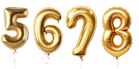 gold helium balloon in the shape of the number 5, 6, 7 and 8, isolated on transparent background - Birthday, wedding, party or celebration concept
