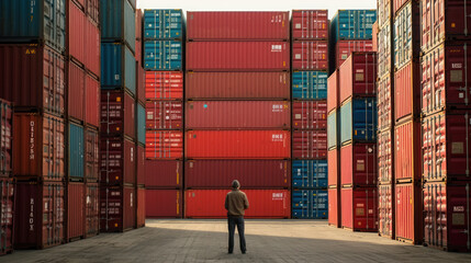 Man surrounded by rows of shipping containers at a port - obrazy, fototapety, plakaty