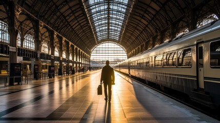 Naklejka na ściany i meble Silhouette of a male traveler on a train station platform, backlit