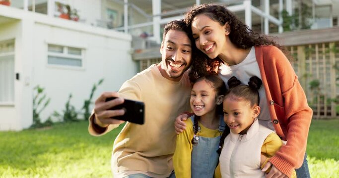 Selfie, backyard and parents with girls, home and family with happiness, real estate and profile picture. Mother, father or female children outdoor, social media or memory with care, kids or property