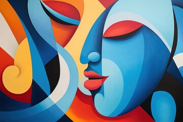 Cubism-inspired painted canvas with vibrant contrasting colors