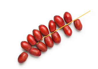 Top view of red dates fruits with stem isolated on white background. Clipping path.