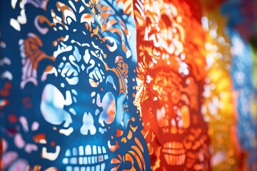Detail of an intricate Mexican 'Papel Picado' against daylight