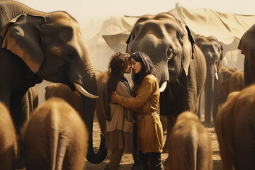  girls with elephants love - obrazy, fototapety, plakaty
