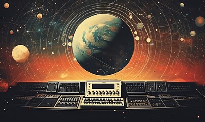 Retro Cosmic Minimalist Collage of Vintage Electronic Instruments and Cosmic Elements in a Music Studio Scene