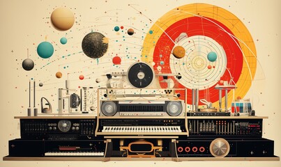 Retro Cosmic Minimalist Collage of Vintage Electronic Instruments and Cosmic Elements in a Music Studio Scene