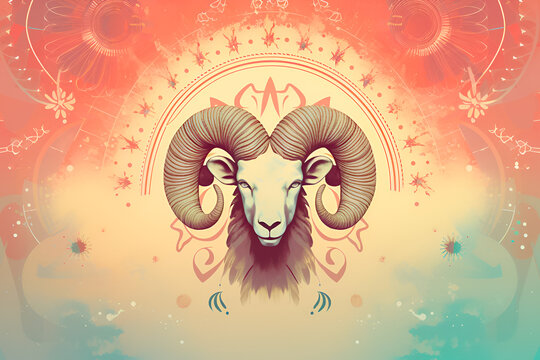 Aries zodiac sign of ram head on pastel color gradient background.
