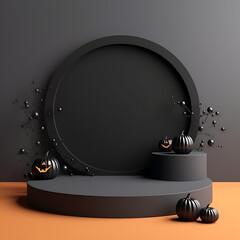 Halloween background with pumpkins on podium. 3d render. AI Generative Illustration. Podium for product shoot.