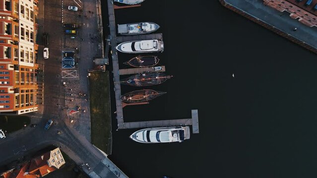 Top view on Motlawa river in Gdansk with ships and yachts.