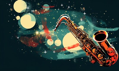 Fototapeta na wymiar cosmic minimalistic collage with a retro touch, using photos of saxophones and pianos, along with cosmic elements and vintage textures, to depict a celestial jazz festival.