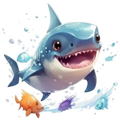 Cute joyful baby shark swimming with fishes cartoon illustration, funny underwater animal isolated with a transparent background, baby invitation template design created with Generative AI.