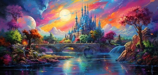  painting style illustration banner wallpaper, fantasy fairytale castle under rainbow sky, Generative Ai - obrazy, fototapety, plakaty