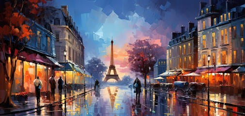  painting style illustration banner wallpaper, Paris street view, Generative Ai