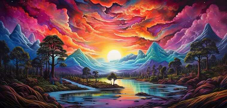 painting style illustration banner wallpaper, evergreen landscape under gradient rainbow sky, Generative Ai