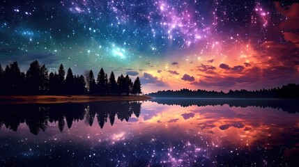 illustration beautiful silhouette lake under galaxy night, Generative Ai