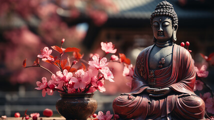 Bronze statue of Buddha in pink flowers, the concept of religion and meditation