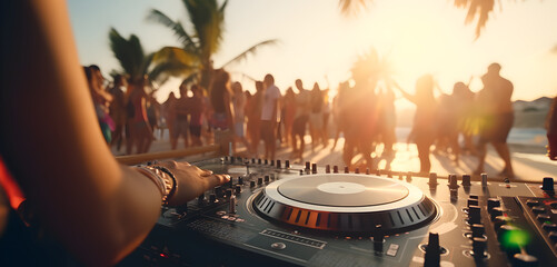 Dj mixing music outdoor at beach party festival,  Summer nightlife view of disco club at sunset. Fun, millennials generation, youth lifestyle, Live event; music concept. Generative Ai.