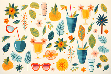 Summer set with tropical fruits, drinks, pool floats, palm leaves, sunglasses, leaves on beige background.. Generative AI