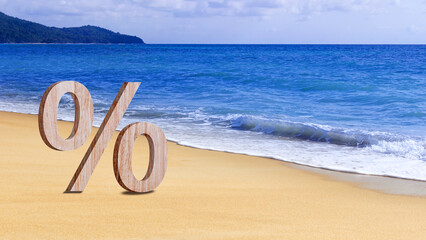 Close-up of percent sign on clean sandy beach, Percentage Sign And Discount Rate. Accountant VAT Tax Concept.