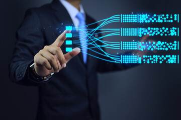 Data scientist touch on binary complex information to management and analysis before transfer to next process. Businessman work on virtual streaming analysis, visualizing complex information