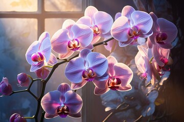 Exotic orchid blooms illuminated by soft morning light