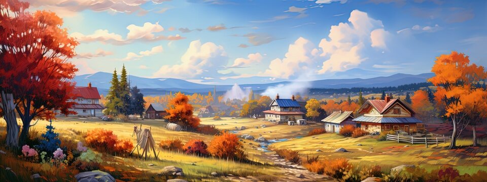 painting style illustration banner wallpaper, beautiful Autumn rural countryside farmland landscape, Generative Ai