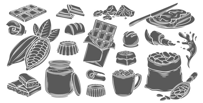 Chocolate glyph icons set vector illustration. Stamp of dark or milk chocolate products from candy shop menu, cocoa beans and ganache sauce splash, choco bar pieces and shavings of chocolate