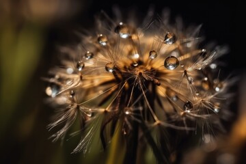 Close up water drops on dandelion seed in nature in yellow and gold tones. Ai generative.