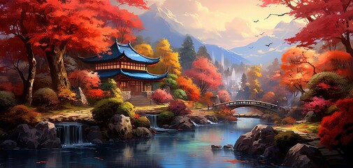 Fototapeta na wymiar painting style illustration banner wallpaper, beautiful Autumn rural countryside ancient Asian village landscape, Generative Ai