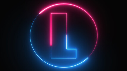 Neon Letter L with neon circle, Neon alphabet L glowing in the dark, pink blue neon light, Shine text L, the best digital symbol, 3d render, Education concept.